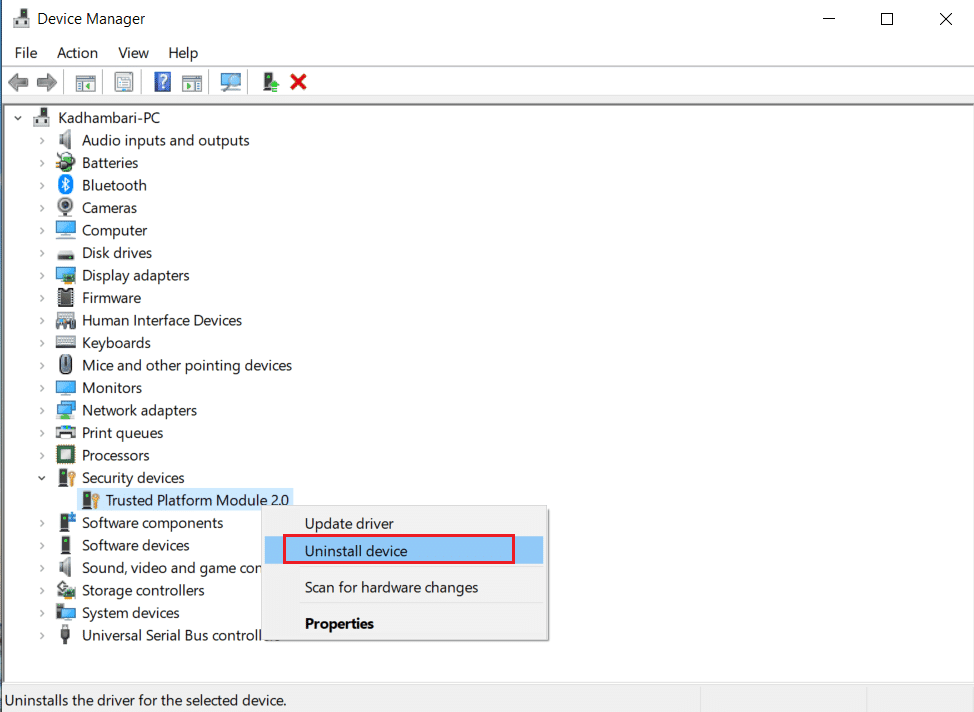 Opción de desinstalar dispositivo