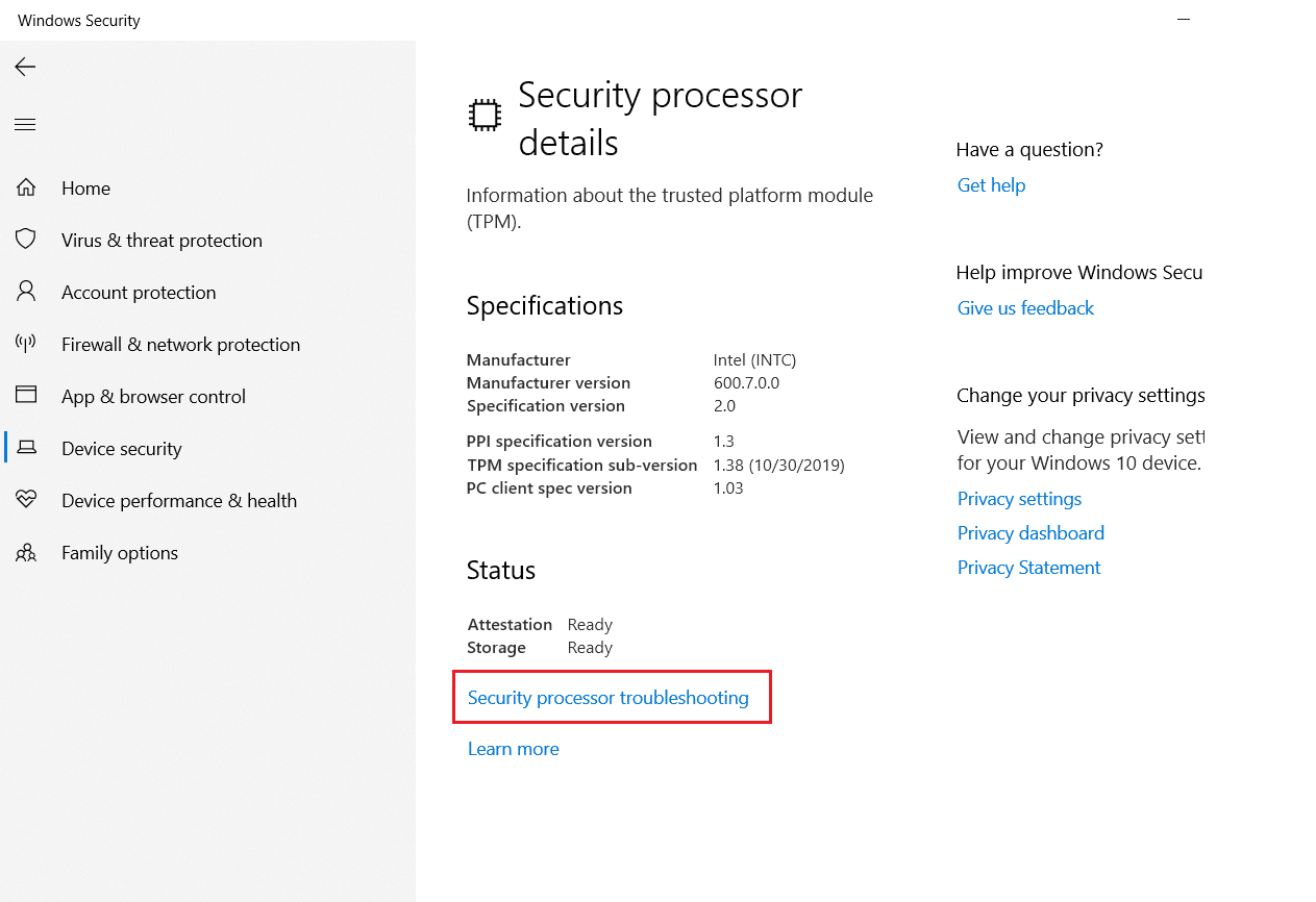 Opción de resolución de problemas del procesador de seguridad.  Cómo reparar el error 80090016 del Módulo de plataforma segura