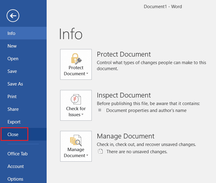 haga clic en Cerrar en Microsoft Word