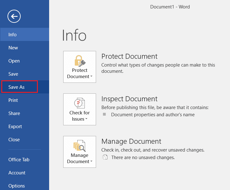 haga clic en la opción Guardar como en el menú Archivo de Microsoft Word