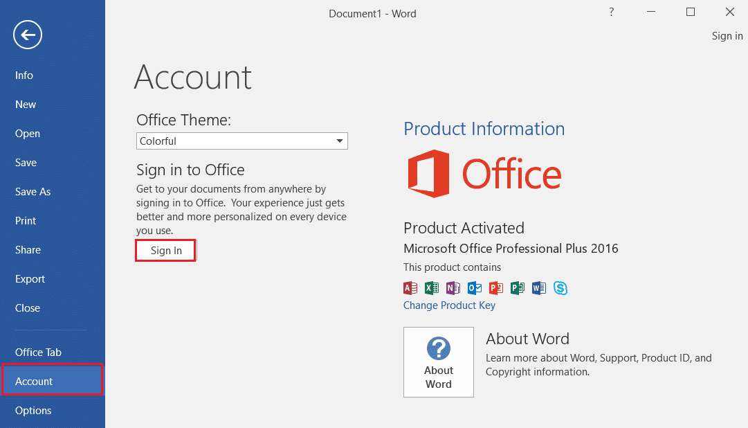 Iniciar sesión Cuenta en Microsoft Word. Solucionar error de permiso de archivo de Word en Windows 10