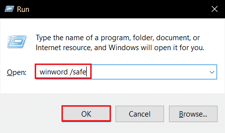 escriba winword safe en el cuadro de diálogo ejecutar