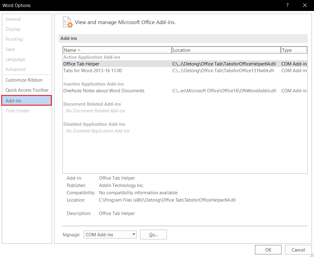 haga clic en Complementos en las opciones de modo seguro de Microsoft Word