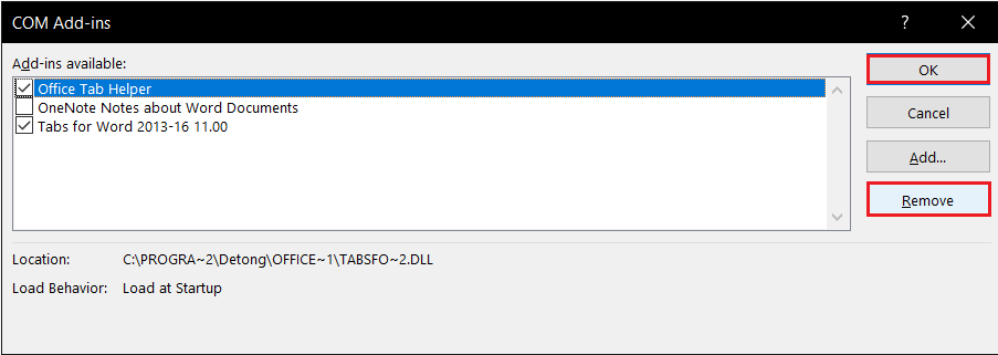seleccione Complementos y haga clic en la opción Eliminar en Opciones de modo seguro de Microsoft Word