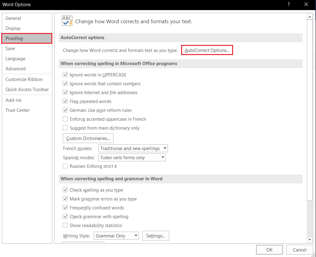 Pestaña de creación de perfiles de opciones de Microsoft Word, haga clic en las opciones de corrección automática