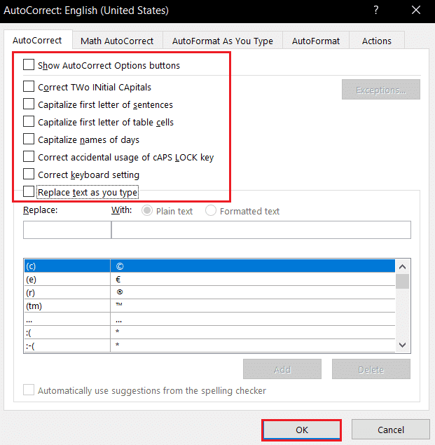 anule la selección de todas las opciones en la pestaña Autocorrección de la configuración de Autocorrección de Microsoft Word
