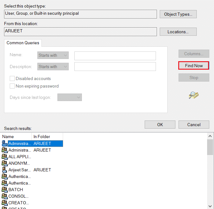 haga clic en el botón Buscar ahora en la configuración avanzada Seleccionar usuario o grupo. Solucionar error de permiso de archivo de Word en Windows 10
