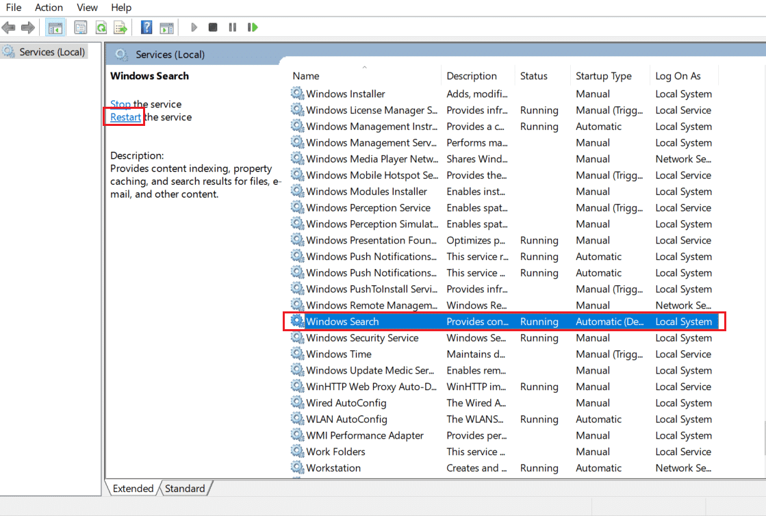 reinicie el servicio de búsqueda de Windows. Solucionar error de permiso de archivo de Word en Windows 10