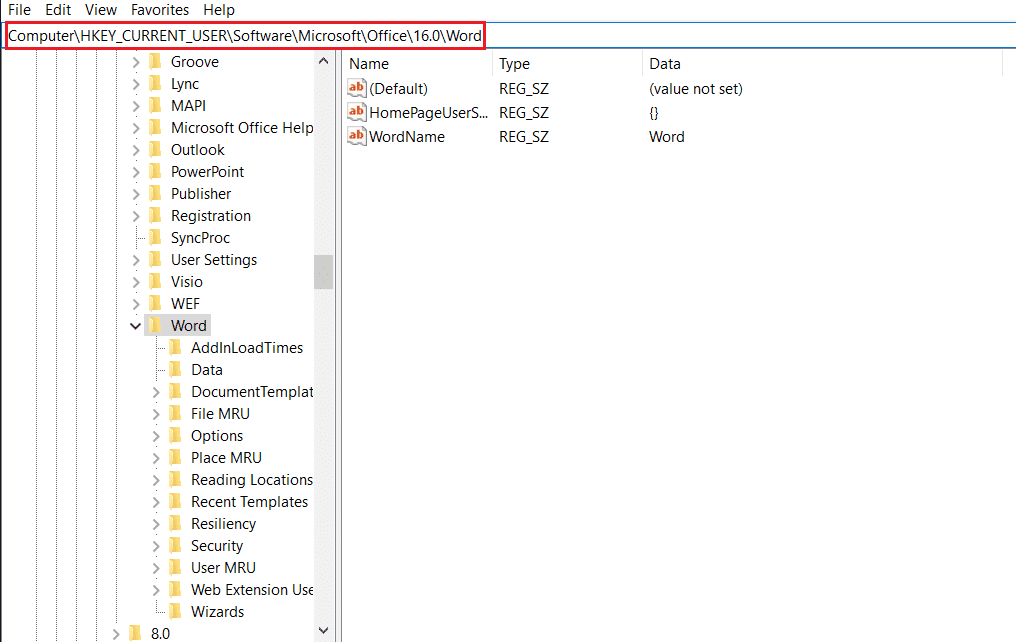 vaya a la carpeta de clave de Word HKEY CURRENT USER en el Editor del Registro