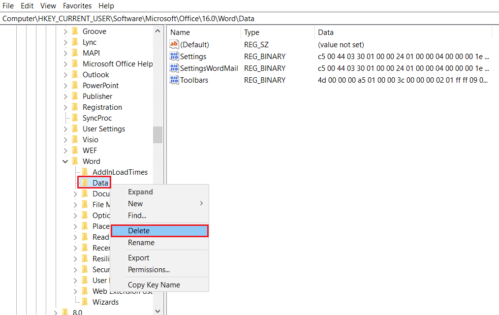 haga clic derecho en Datos y seleccione la opción Eliminar en el Editor del Registro. Solucionar error de permiso de archivo de Word en Windows 10