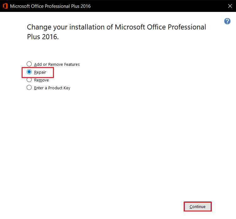 seleccione la opción Reparar y haga clic en Continuar en Microsoft Office. Solucionar error de permiso de archivo de Word en Windows 10