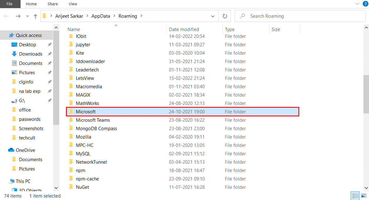 abra la carpeta Microsoft en la carpeta appdata. Solucionar error de permiso de archivo de Word en Windows 10