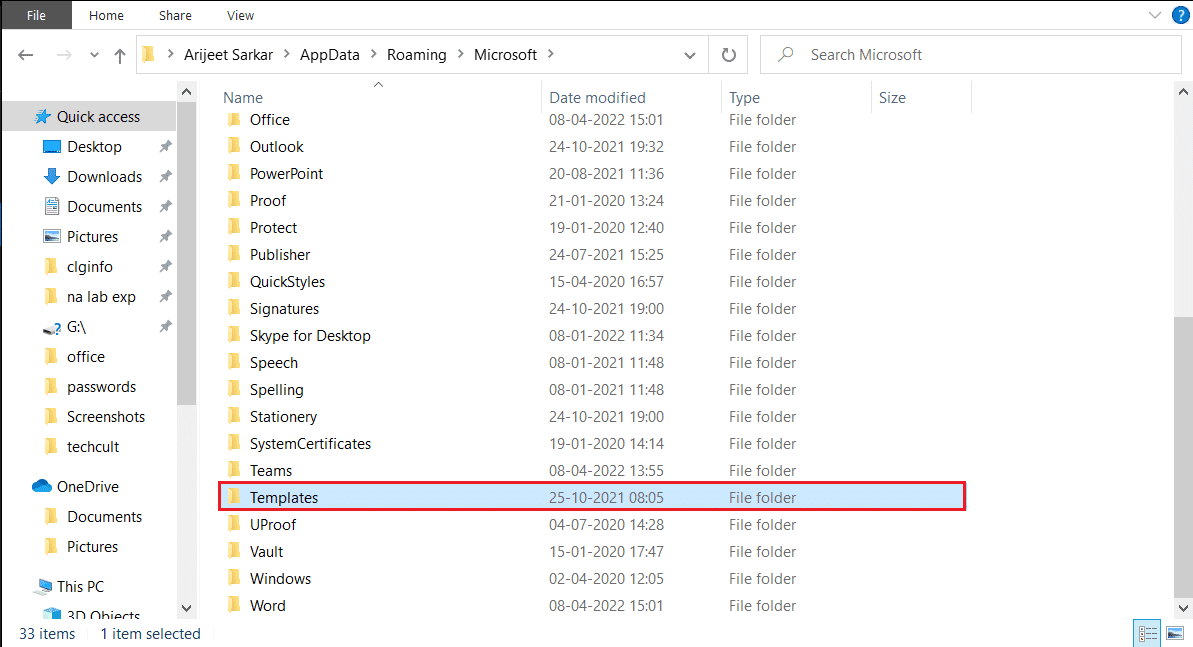 abra la carpeta Plantillas en la carpeta appdata Microsoft
