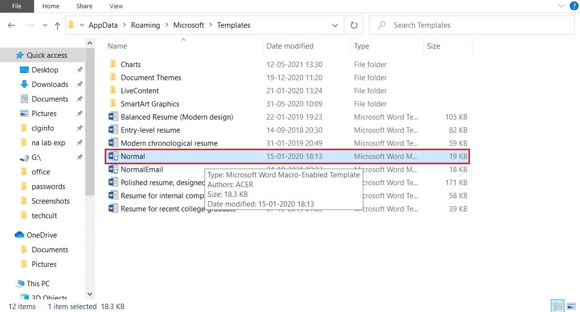 elimine la carpeta normal en la carpeta de plantillas de Microsoft appdata. Solucionar error de permiso de archivo de Word en Windows 10