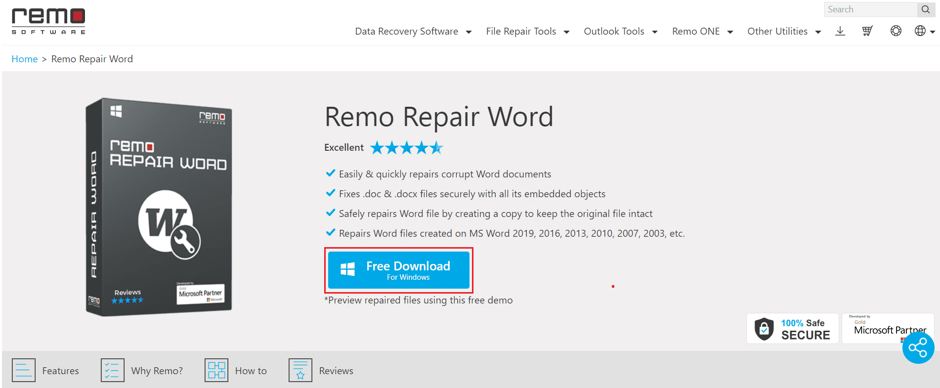 haga clic en Descarga gratuita en el sitio web oficial de Remo Software