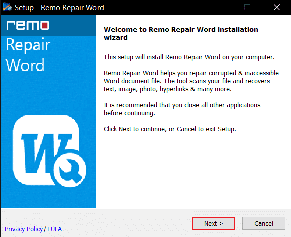 haga clic en Siguiente en la configuración de la herramienta de reparación de Remo. Solucionar error de permiso de archivo de Word en Windows 10