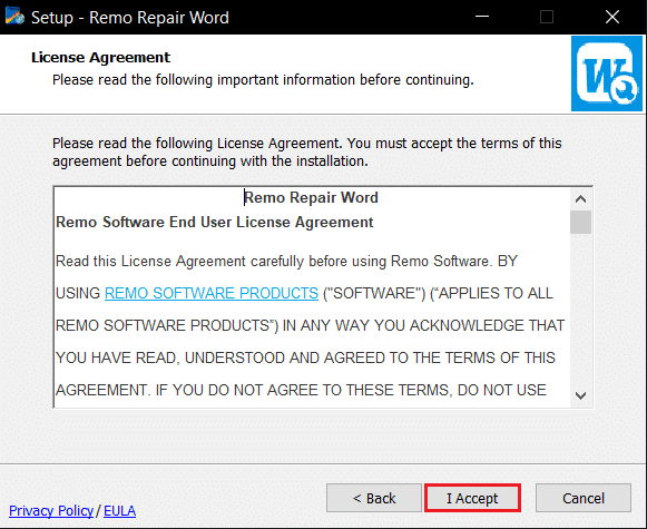 haga clic en el botón Acepto en la configuración de la herramienta de reparación Remo