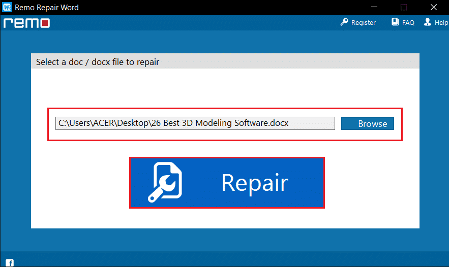 seleccione el archivo de Word y haga clic en Reparar en Remo Repair Word Tool. Solucionar error de permiso de archivo de Word en Windows 10