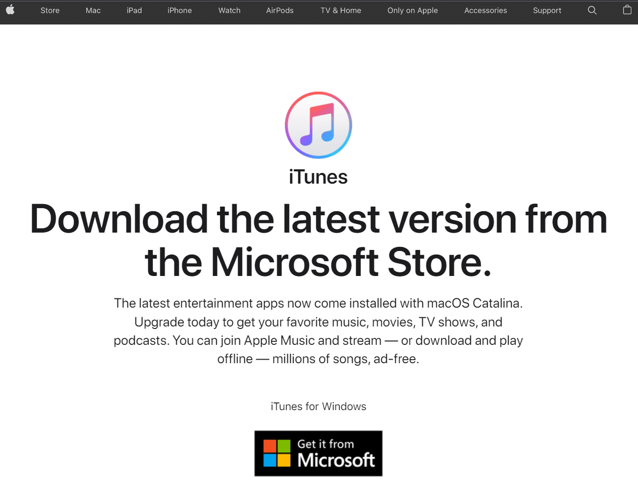 Página de descarga oficial de iTunes para Windows