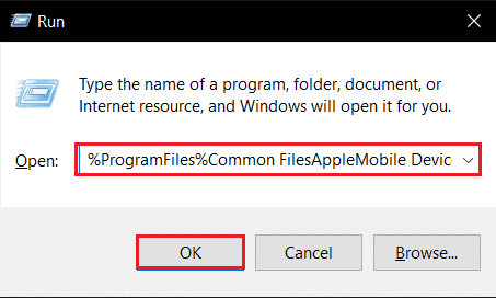 escriba los archivos de programa Common FilesAppleMobile Device SupportDrivers en el cuadro de diálogo de ejecución. Cómo instalar la compatibilidad con dispositivos móviles de Apple en Windows 10
