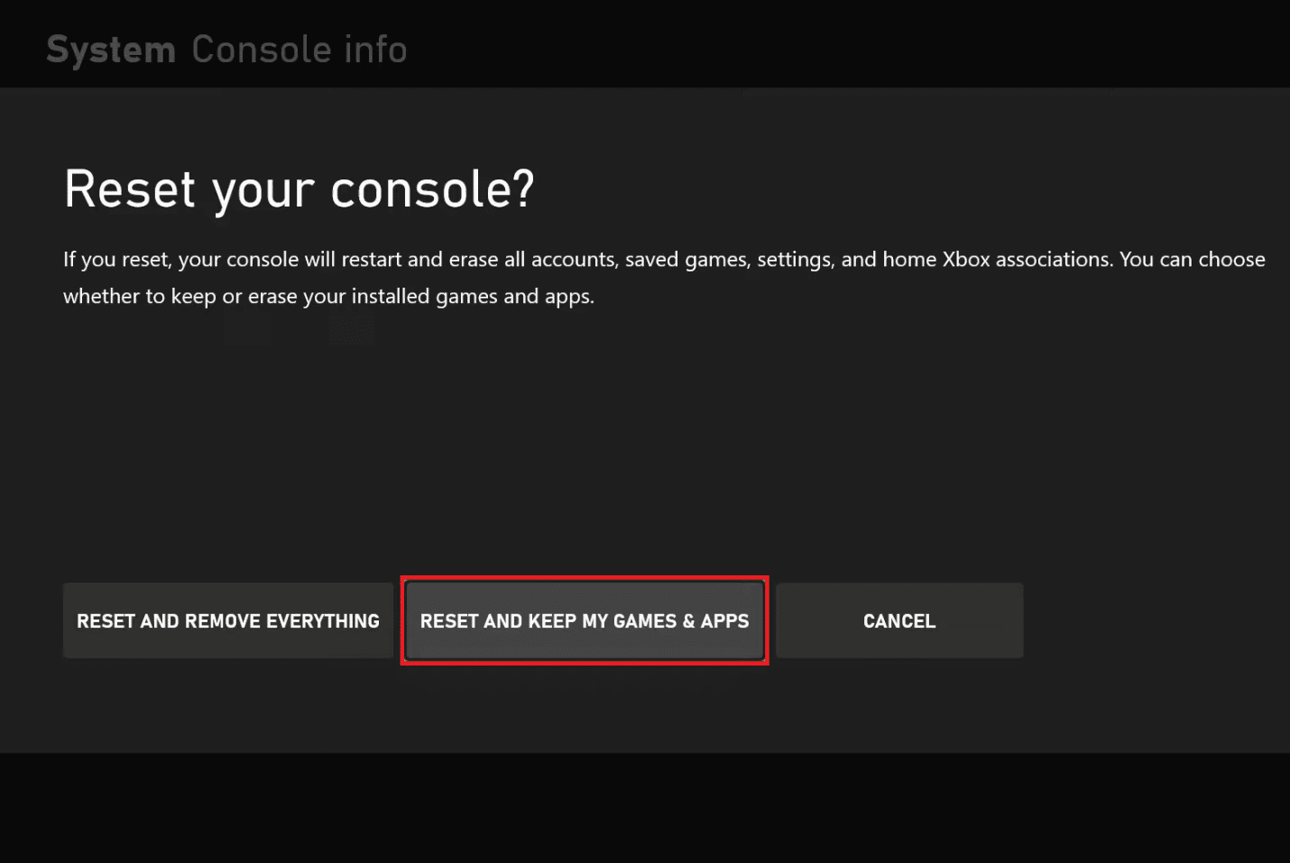 Seleccione RESTABLECER Y MANTENER MIS JUEGOS y APLICACIONES.  Arreglar el código de error de Xbox Live 80072EF3