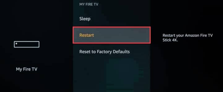 seleccione la opción de reinicio en amazon firestick.  Solucionar problemas de duplicación de pantalla de Amazon Firestick