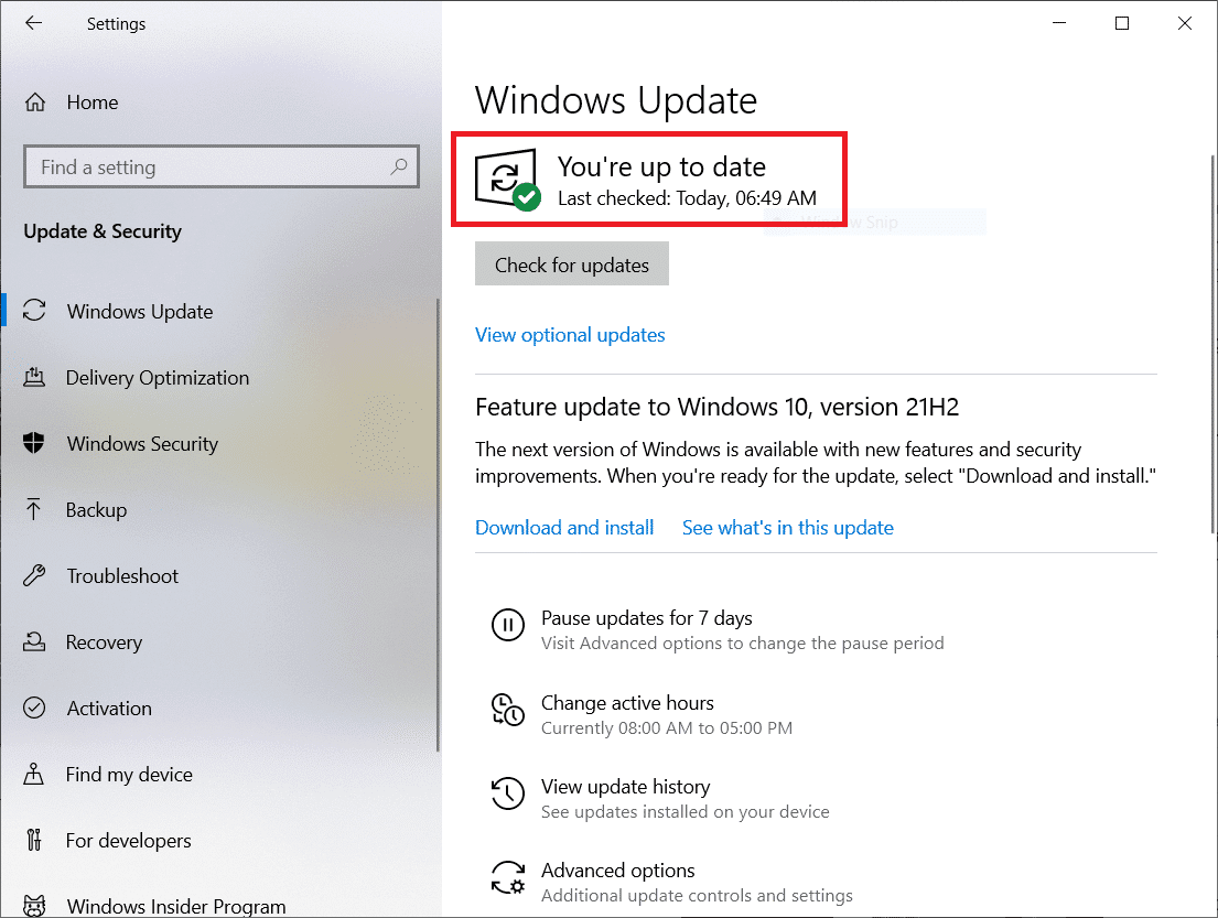 Si la versión de Windows ya está actualizada, mostrará el mensaje Está actualizado.  Aplicación Fire TV no encontrada