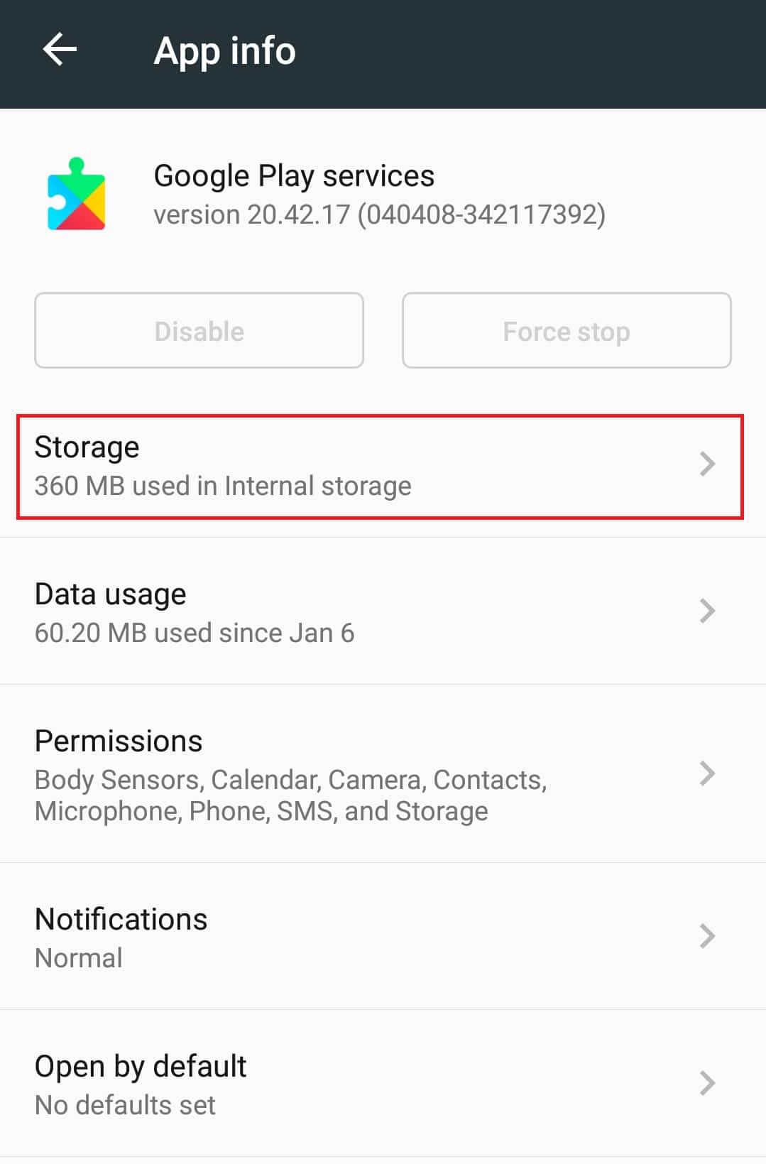 opción de almacenamiento