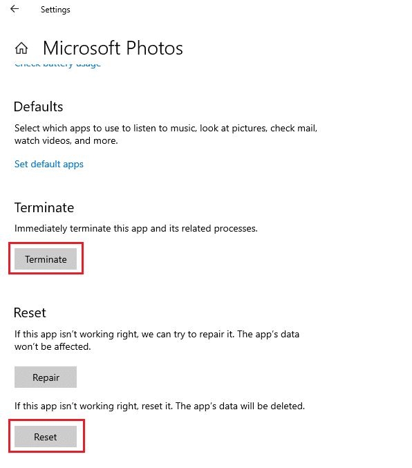 Seleccione los botones Terminar y luego Restablecer para configurar la aplicación a su modo predeterminado