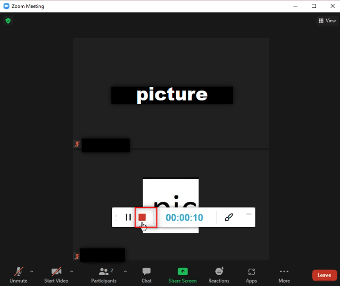 detenga su grabación haciendo clic en el botón Detener en la barra.  Cómo grabar una reunión de Zoom sin permiso en Windows 10