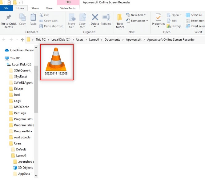 archivo de video grabado en la carpeta Apowersoft Online Screen Recorder