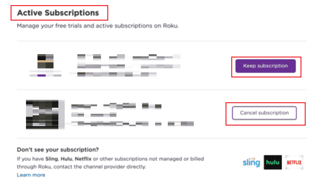 Haga clic en Mantener suscripción o Cancelar suscripción para actualizar sus Suscripciones activas