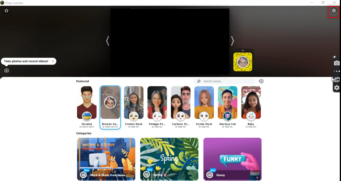 Haga clic en Configuración en la parte superior derecha de la aplicación Snap Camera.  Reparar cámara instantánea No hay error de entrada de cámara disponible