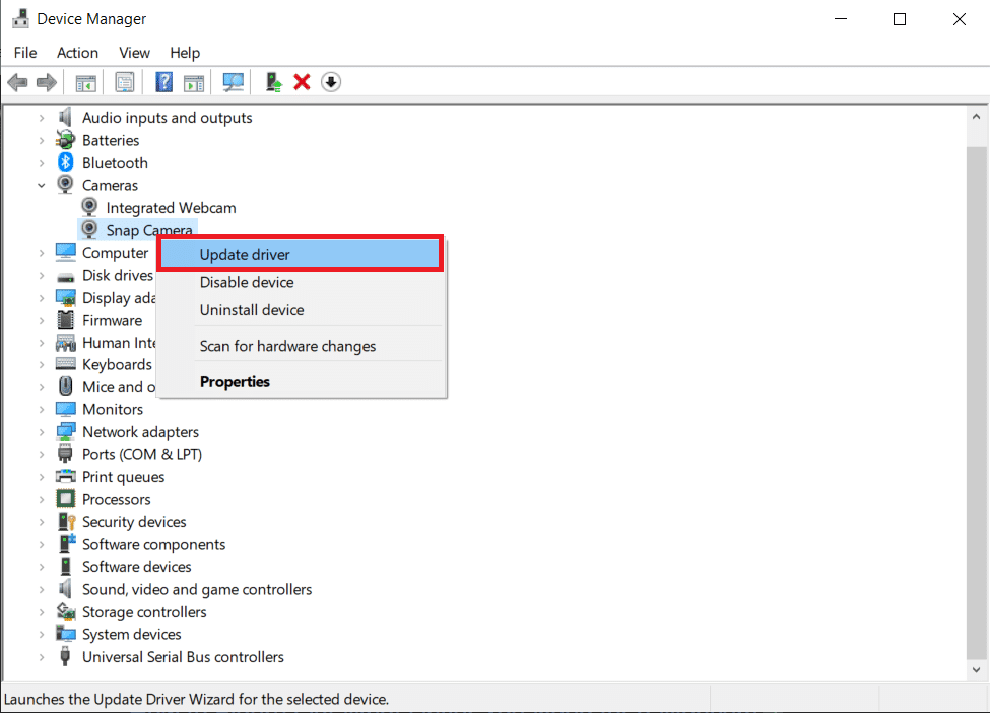 Haga clic derecho en Snap Camera en la lista disponible y seleccione Actualizar controlador.  Reparar cámara instantánea No hay error de entrada de cámara disponible