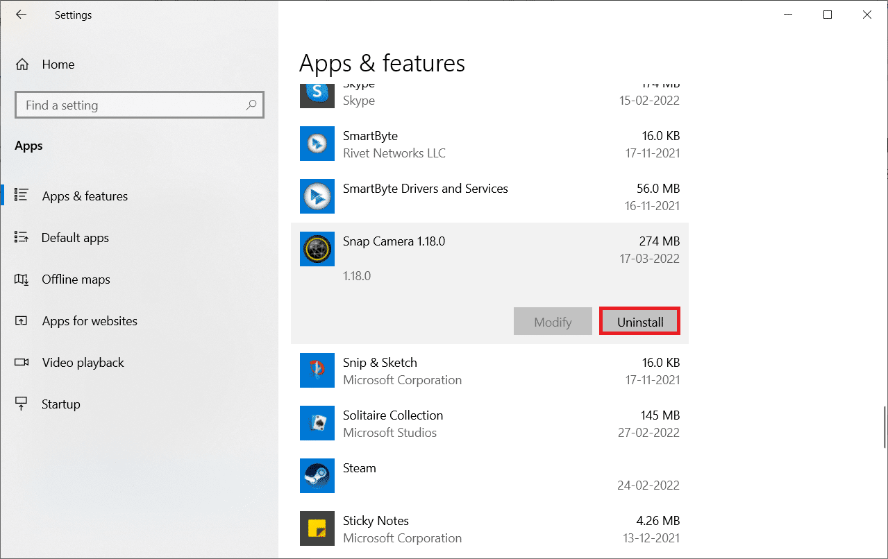 Desplácese hacia abajo y seleccione Snap Camera.  Reparar cámara instantánea No hay error de entrada de cámara disponible