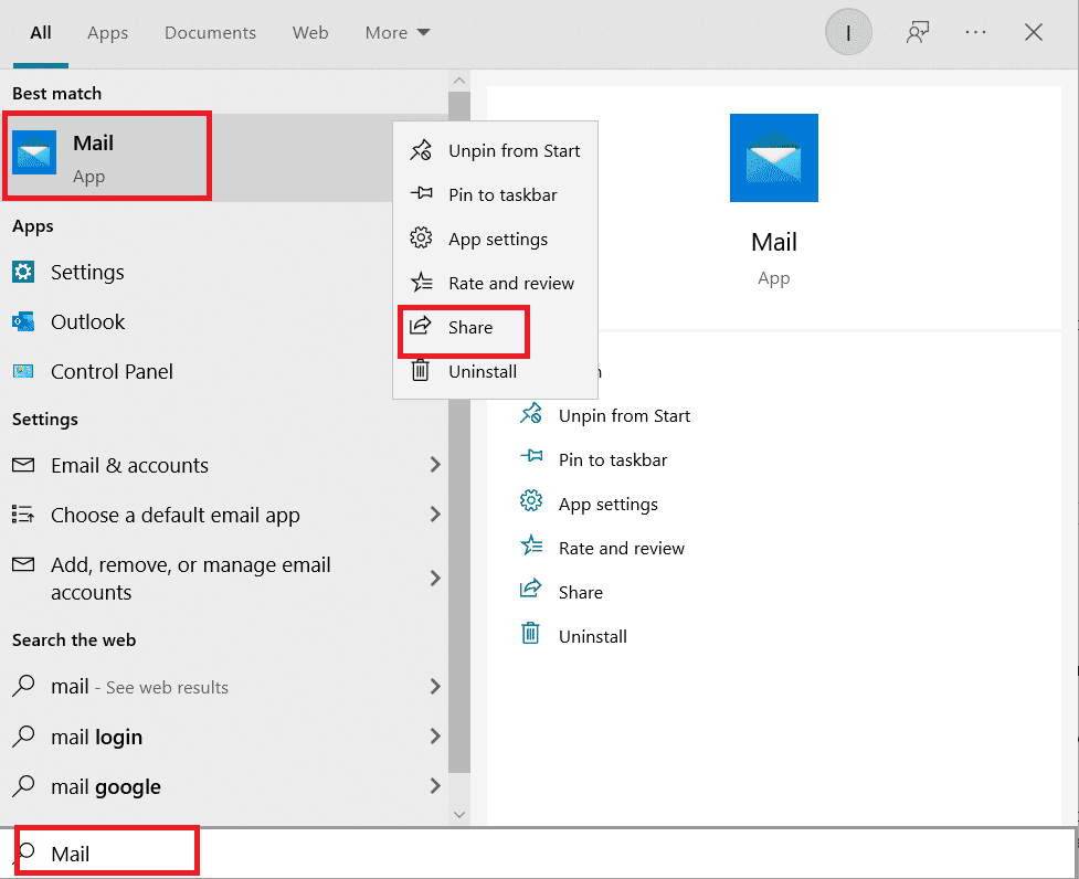 haga clic derecho en Correo y haga clic en Compartir en el menú
