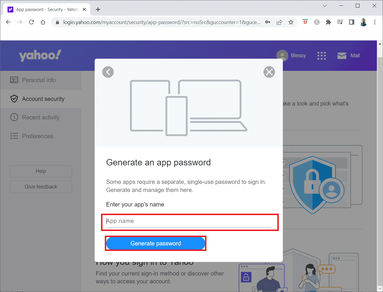 ingrese el nombre de la aplicación y haga clic en Generar contraseña.  Cómo reparar el error de correo de Yahoo 0x8019019a