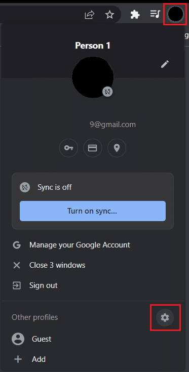 haga clic en el icono de perfil de la cuenta de Google Chrome y seleccione el icono de configuración en la sección de otros perfiles