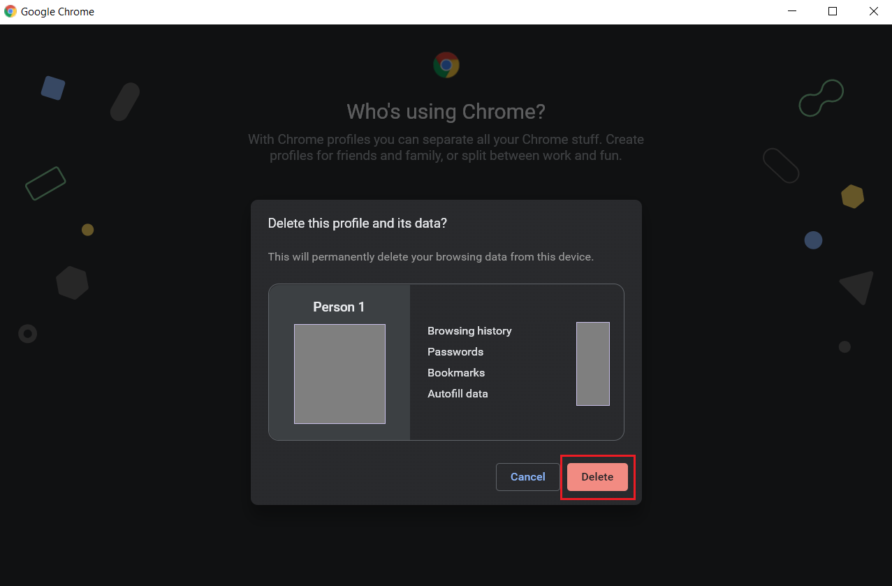 Mensaje emergente con la opción de eliminar resaltada.  Cómo eliminar la cuenta de Google de Chrome