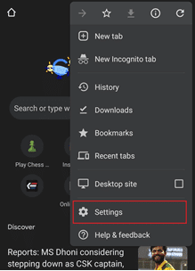 Aplicación Android Chrome.  Configuración resaltada.