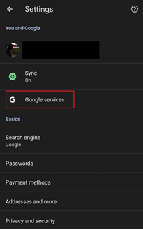 Opción de servicios de Google en la aplicación Android Chrome.