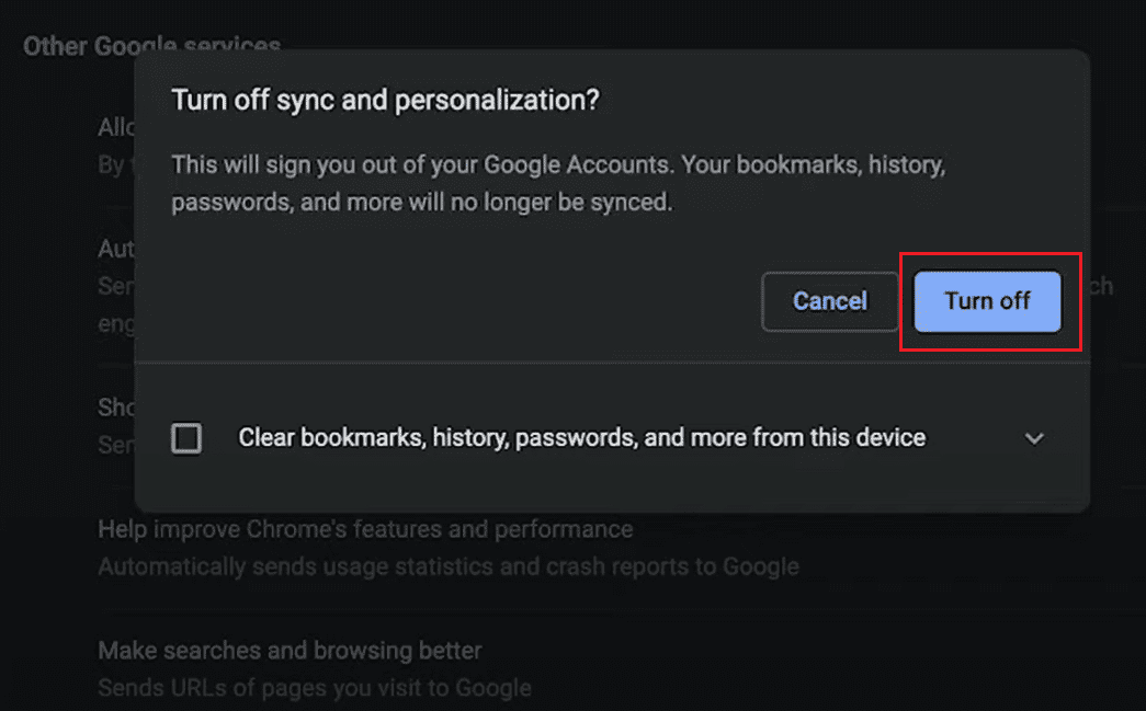Desactive el mensaje emergente de sincronización y personalización.  Cómo eliminar la cuenta de Google de Chrome