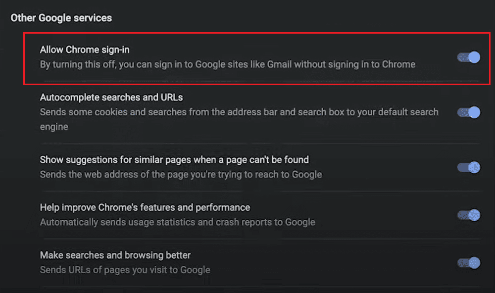 Permitir la opción de inicio de sesión de Chrome.