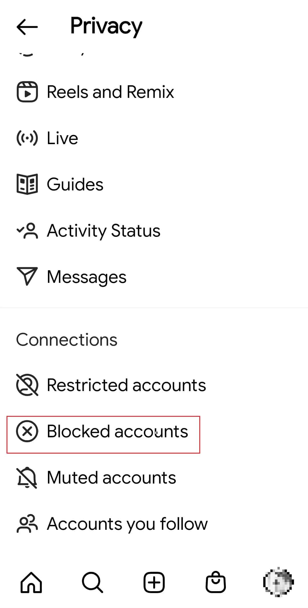toque Cuentas bloqueadas en la configuración de privacidad de Instagram.  Cómo no denunciar una publicación en Instagram