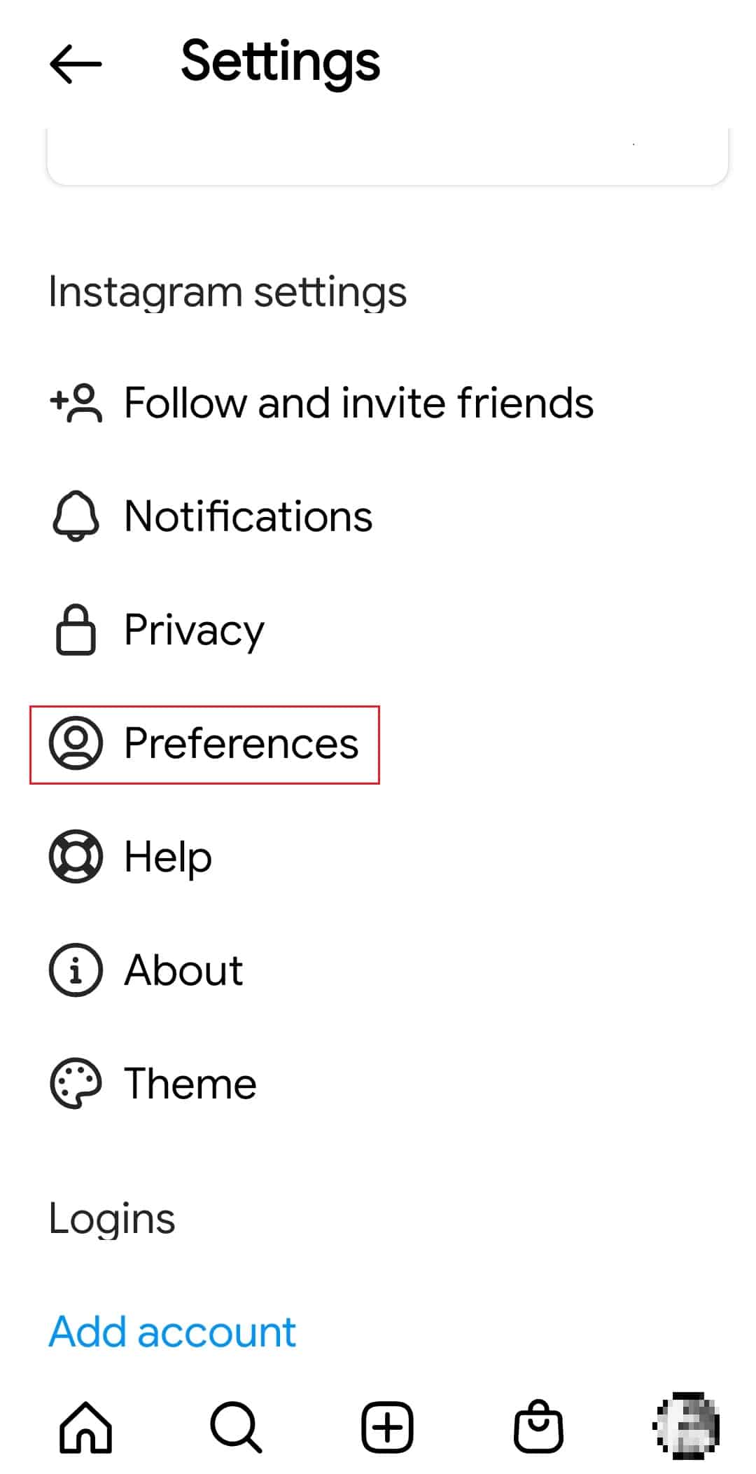 toca preferencias en la configuración de Instagram