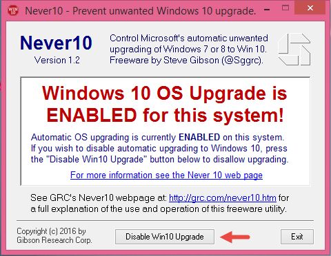 Never10, bloque, Windows 10, actualización, oferta, notificación, ventana emergente