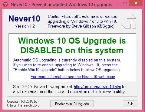 Never10, bloque, Windows 10, actualización, oferta, notificación, ventana emergente