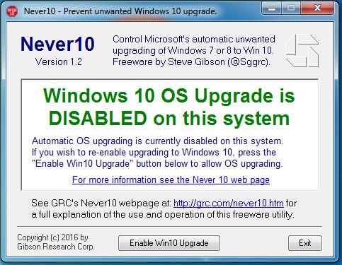 Never10, bloque, Windows 10, actualización, oferta, notificación, ventana emergente