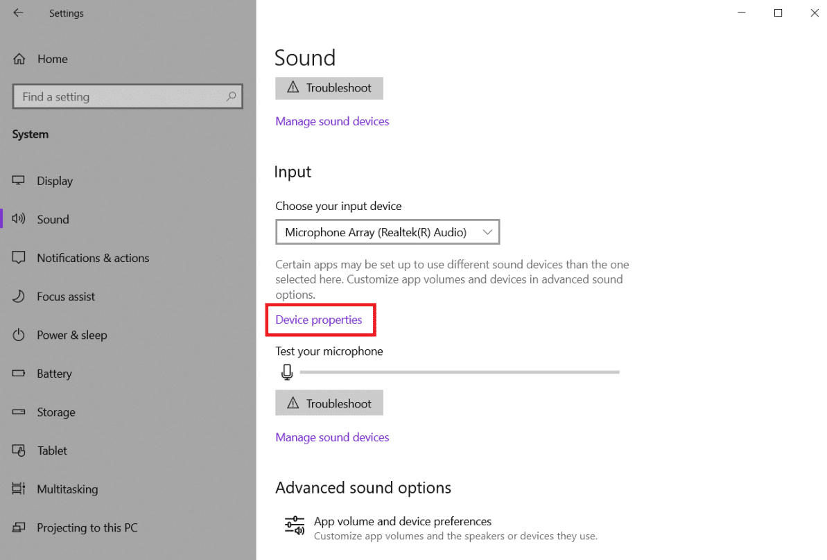 Seleccione Propiedades del dispositivo en la sección Entrada. Cómo arreglar el micrófono demasiado silencioso en Windows 10
