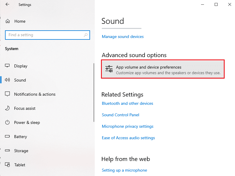 En Opciones de sonido avanzadas, haga clic en Volumen de la aplicación y preferencias del dispositivo